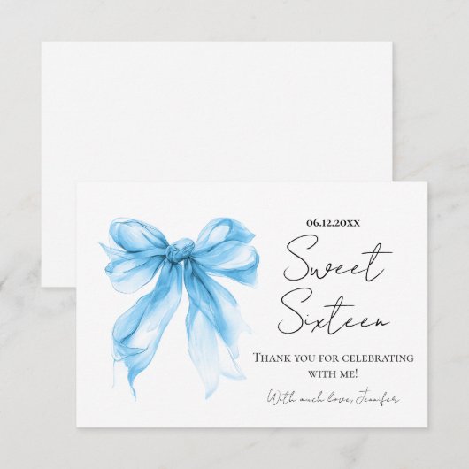 Blue Bow Coquette Script Sweet 16 Thank You  Bedankkaart (Voorkant / Achterkant)