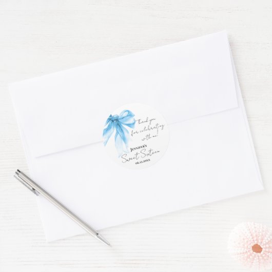 Blue Bow Coquette Script Sweet 16 Thank You  Ronde Sticker (Envelop)