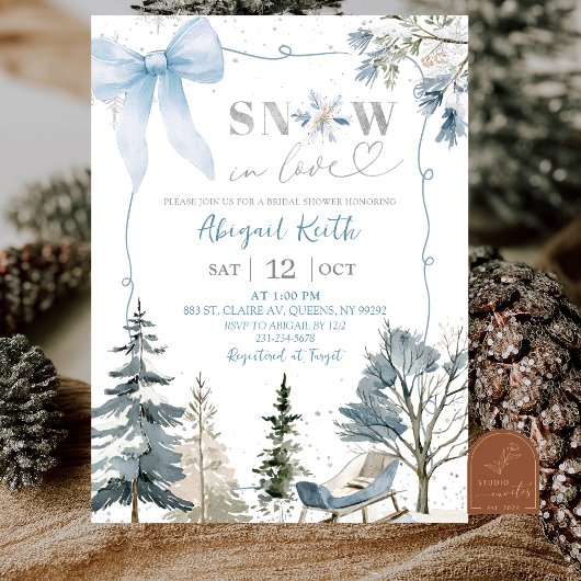 Blue Bow Coquette Snow In Love Bridal Shower Kaart