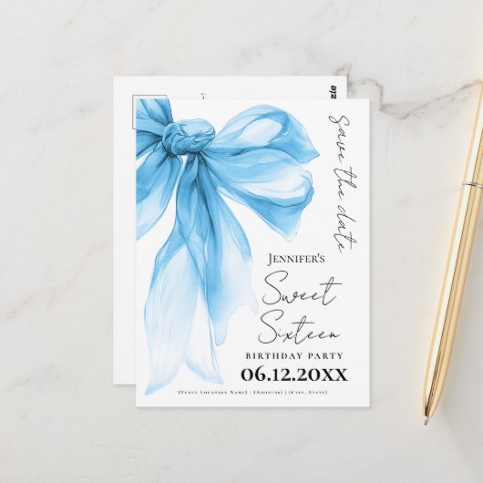 Blue Bow Coquette Sweet 16 Save the Date  Briefkaart (Voorkant / Achterkant in situ)