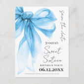 Blue Bow Coquette Sweet 16 Save the Date  Briefkaart (Voorkant)