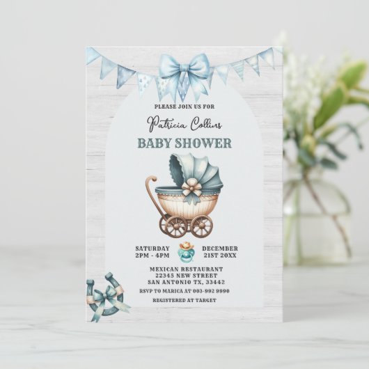 Blue Bow Cowboy Stroller Baby shower Kaart (Staand voorkant)