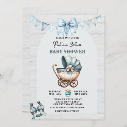 Blue Bow Cowboy Stroller Baby shower Kaart (Voorkant / Achterkant)
