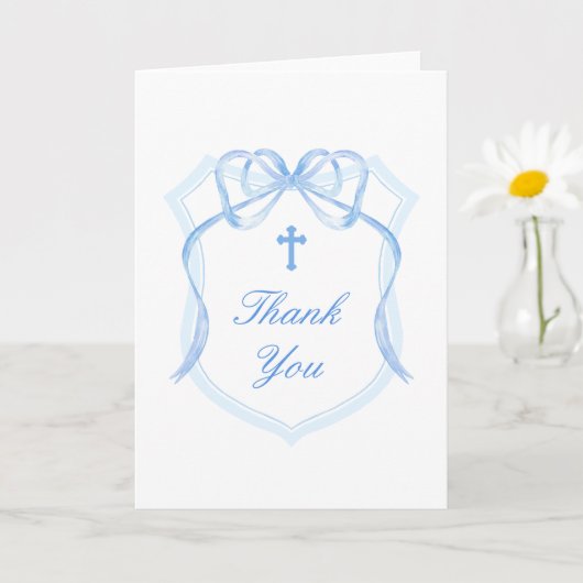 Blue Bow Crest Holy Cross Religious Thank You Kaart (Kleine Plant)