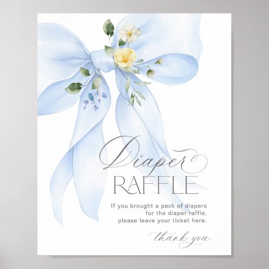 Blue Bow Diaper Raffle Floral Baby shower Poster (Voorkant)