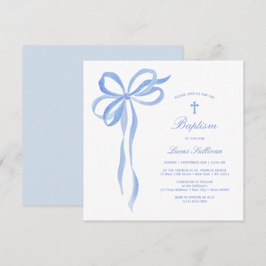 Blue Bow doop uitnodiging (Voorkant / Achterkant)