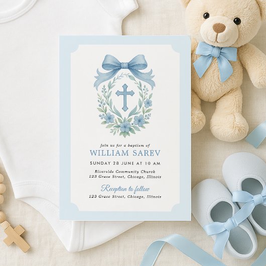 Blue Bow Doop Uitnodiging voor Baby Boy