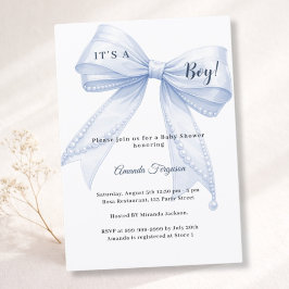 Blue bow elegant pearls boy Baby Shower Kaart