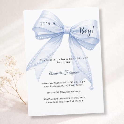 Blue bow elegant pearls boy Baby Shower Kaart