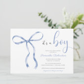 Blue bow elegante waterverf boy baby shower kaart (Staand voorkant)