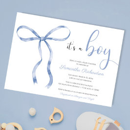 Blue bow elegante waterverf boy baby shower kaart