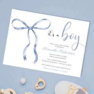Blue bow elegante waterverf boy baby shower kaart