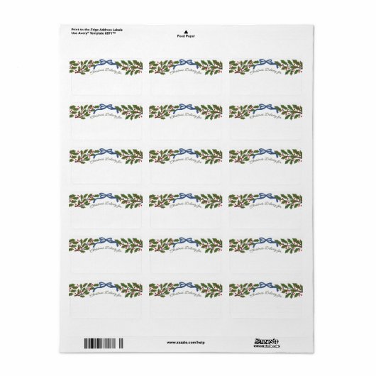 Blue Bow en Holly Garland Kerstbezorging Etiket (Full Sheet)