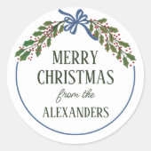 Blue Bow en Holly Garland voor kerst Ronde Sticker (Voorkant)