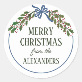Blue Bow en Holly Garland voor kerst Ronde Sticker