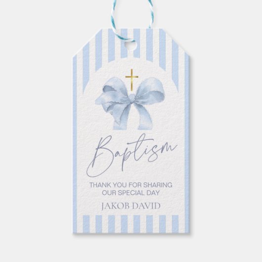 Blue Bow en Stripe Doop Favoriet Gift Label Cadeaulabel (Voorkant)