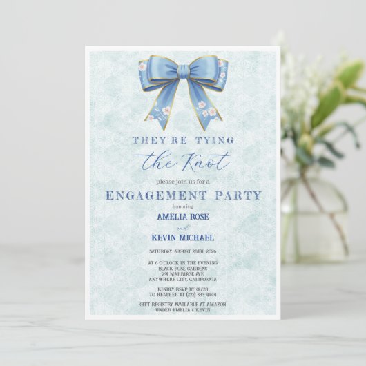 Blue Bow Engagement Invitation – Japanese Style Kaart (Staand voorkant)