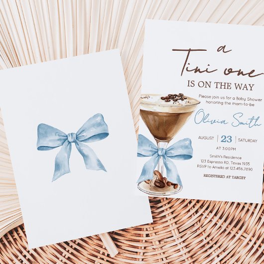 Blue Bow Espresso Martini Baby shower Kaart