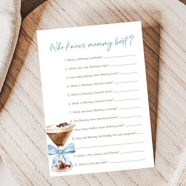 Blue Bow Espresso Martini Wie Kent Mama Spel (Espresso Baby Shower Game)