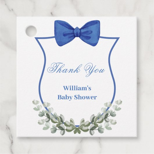Blue Bow Eucalyptus Crest Baby shower Bedankt Bedankjes Labels (Voorkant)