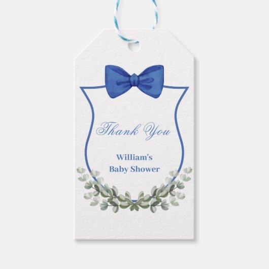 Blue Bow Eucalyptus Crest Baby shower Bedankt Cadeaulabel (Voorkant)