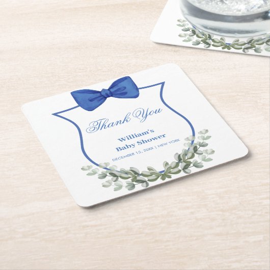 Blue Bow Eucalyptus Crest Baby shower Bedankt Kartonnen Onderzetters (Schuin)