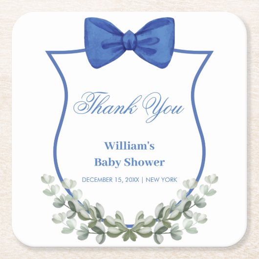 Blue Bow Eucalyptus Crest Baby shower Bedankt Kartonnen Onderzetters (Voorkant)