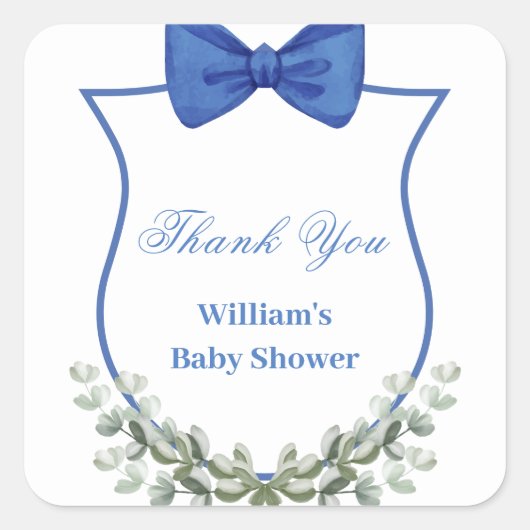 Blue Bow Eucalyptus Crest Baby shower Bedankt Vierkante Sticker (Voorkant)