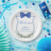Blue Bow Eucalyptus Crest Baby shower Welkom Papieren Bordje (Feest)