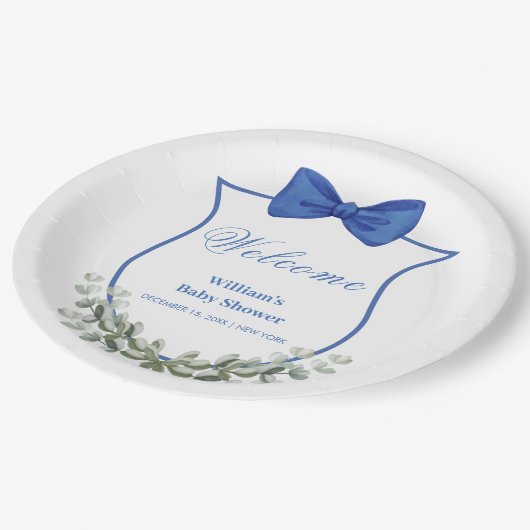 Blue Bow Eucalyptus Crest Baby shower Welkom Papieren Bordje (Gekanteld)