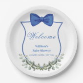 Blue Bow Eucalyptus Crest Baby shower Welkom Papieren Bordje (Voorkant)
