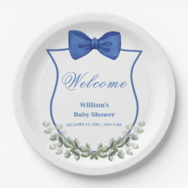 Blue Bow Eucalyptus Crest Baby shower Welkom Papieren Bordje