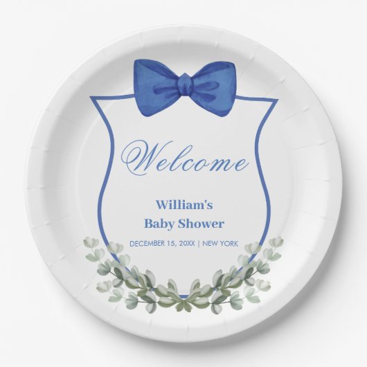 Blue Bow Eucalyptus Crest Baby shower Welkom Papieren Bordje (Voorkant)