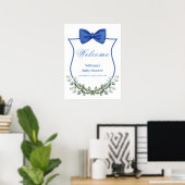 Blue Bow Eucalyptus Crest Baby shower Welkom Poster (Thuiskantoor)