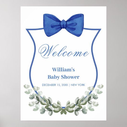 Blue Bow Eucalyptus Crest Baby shower Welkom Poster (Voorkant)