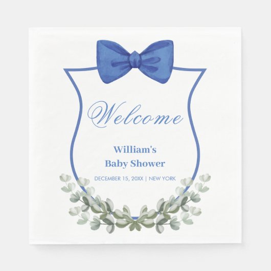 Blue Bow Eucalyptus Crest Baby shower Welkom Servet (Voorkant)