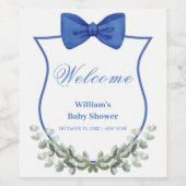 Blue Bow Eucalyptus Crest Baby shower Welkom Wijn Etiket (Enkel label)