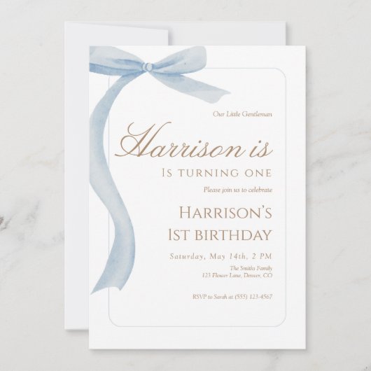 Blue Bow First Birthday Invitation Watercolor Kaart (Voorkant)