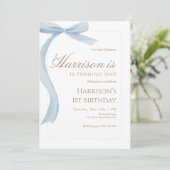 Blue Bow First Birthday Invitation Watercolor Kaart (Staand voorkant)