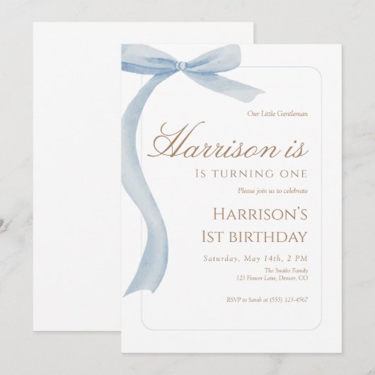 Blue Bow First Birthday Invitation Watercolor Kaart (Voorkant / Achterkant)