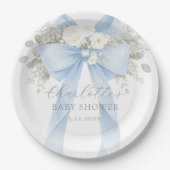 Blue Bow Floral Baby Boy Shower Papieren Bordje (Voorkant)