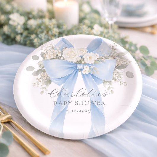 Blue Bow Floral Baby Boy Shower Papieren Bordje