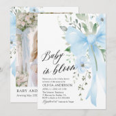Blue Bow Floral Baby in Bloom Boy Baby shower Kaart (Voorkant / Achterkant)