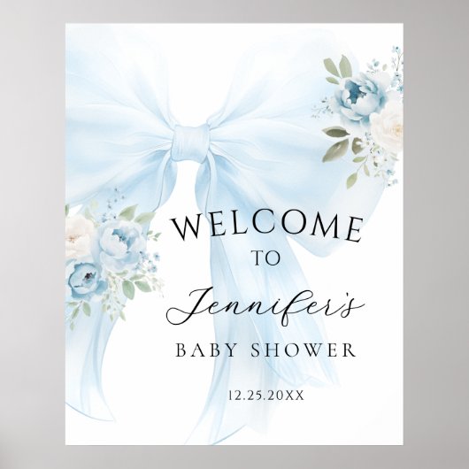 Blue Bow Floral Baby in Bloom Boy Shower Welkom Poster (Voorkant)