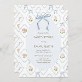 Blue Bow Floral Baby Shower Kaart (Voorkant / Achterkant)