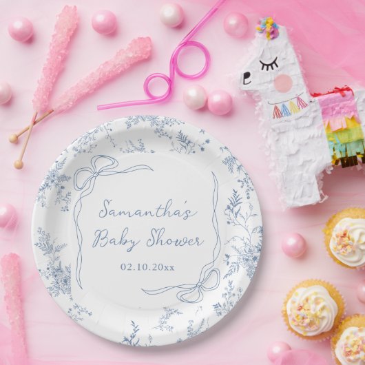 Blue Bow Floral Baby shower Papieren Bordje (Feest)