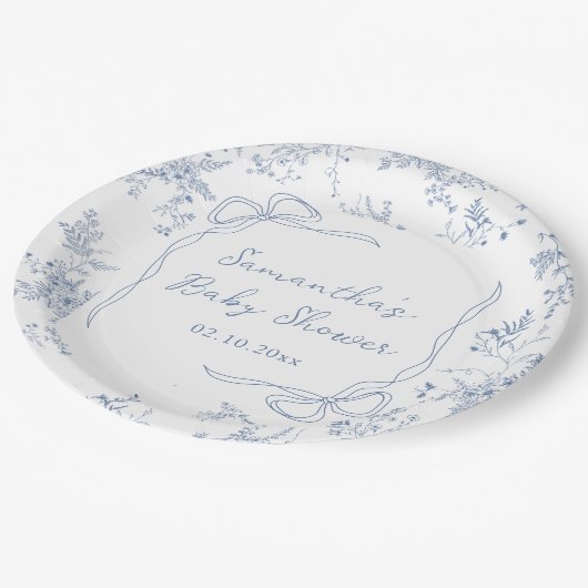 Blue Bow Floral Baby shower Papieren Bordje (Gekanteld)