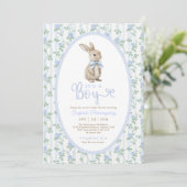 Blue Bow Floral Bunny Rabbit Boy Baby shower Kaart (Staand voorkant)