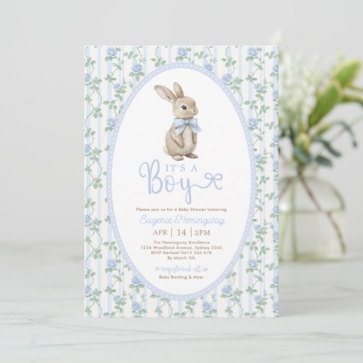Blue Bow Floral Bunny Rabbit Boy Baby shower Kaart (Staand voorkant)