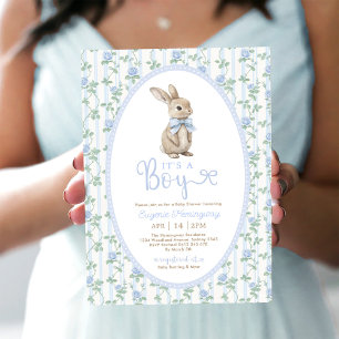 Blue Bow Floral Bunny Rabbit Boy Baby shower Kaart